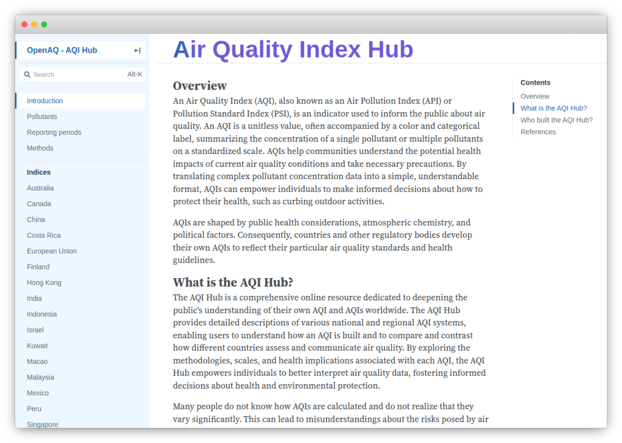 image of AQI hub website front page